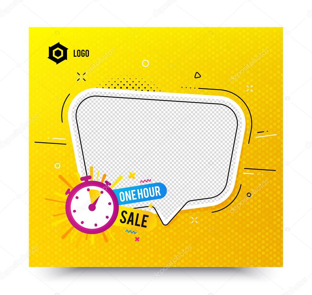 One hour sale icon. Yellow banner template. Discount banner shape. Special offer timer icon. Social media banner with chat bubble. Online shopping web template. One hour promotion bubble. Vector