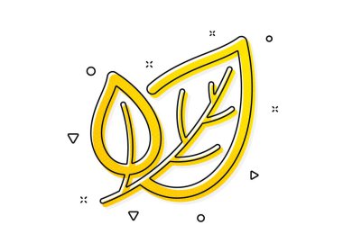 Doğa bitkisi yaprağı işareti. Simgeyi bırakır. Çevresel bakım sembolü. Sarı daireler şeklinde. Klasik yaprak ikonu. Geometrik elementler. Vektör