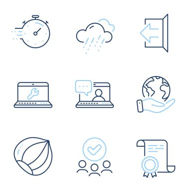 Zamanlayıcı, Fındık ve Yağmurlu hava çizgisi simgeleri ayarlandı. Diploma sertifikası, gezegeni kurtarmak, bir grup insan. Laptop tamiri, Friends sohbeti ve tabelaları imzalama. Son teslim tarihi, vejetaryen fındığı, yağmur. Vektör