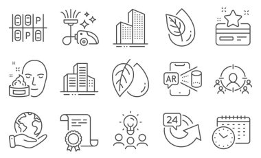 Ticari hedefleme, maden yağı gibi iş ikonları. Diploma, fikirler, gezegeni kurtarmak. 24 saat, binalar, yüz kremi. Sadakat kartı, gökdelen binaları, elektrik süpürgesi. Vektör