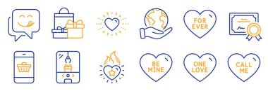 Kalp Ateşi, Turna Pençesi Makinesi gibi bir dizi tatil ikonu. Sertifika, gezegeni kurtar. Bir aşk, beni ara, Smartphone al. Sonsuza dek benim ol, Heart. Nefis gülümseme, alışveriş kuyruğu ikonları. Vektör