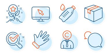 Kimya laboratuvarı, paket ve kurye işaretleri. El, internet ve telif hakkı satırı simgeleri ayarlandı. Su şişesi, sadakat sembolleri. El sallayan avuç içi, imleci olan monitör. İş seti. Vektör