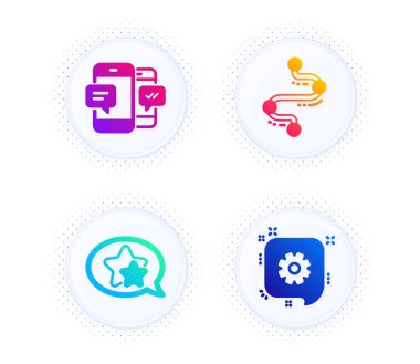 Yıldız, Zaman Çizelgesi ve Smartphone simgeleri basit set. Yarım tonlu noktalı düğme. Çarklı tabela. Favori, yolculuk yolu, cep telefonu mesajları. Mühendislik. Teknoloji hazır. Gradyan düz yıldız ikonu. Vektör