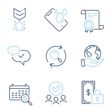 Arama, Tıbbi Takvim ve Onaylanmış satır simgeleri ayarlandı. Diploma sertifikası, gezegeni kurtarmak, bir grup insan. Özel ödeme, kazanan madalya ve Smartphone su geçirmez tabelalar. Vektör