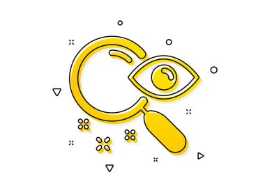 Belge işaretini bul. Arama simgesi. Camı büyüt. Sarı daireler şeklinde. Klasik arama simgesi. Geometrik elementler. Vektör