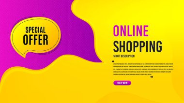 Özel teklif balonu. İndirimli pankart şablonu. İndirimli afiş şekli. İndirim kuponu sohbet ikonu. Özel teklifli yaratıcı konuşma balonu. Online alışveriş konsepti, tırnak içinde ve düğmeli. Vektör
