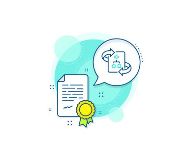 Proje belgesi imzası. Sertifika kompleksi simgesi. Teknik algoritma çizgisi simgesi. Sertifika veya diploma belgesi. Teknik algoritma işareti. Vektör