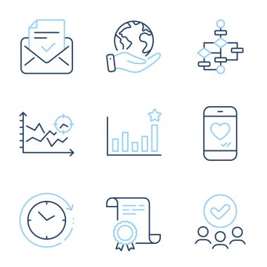 Seo analizi, onaylanmış posta ve blok diyagramı simgeleri ayarlandı. Diploma sertifikası, gezegeni kurtarmak, bir grup insan. Etkinlik, Aşk Sohbeti ve Zaman Değişim İşaretleri. Vektör