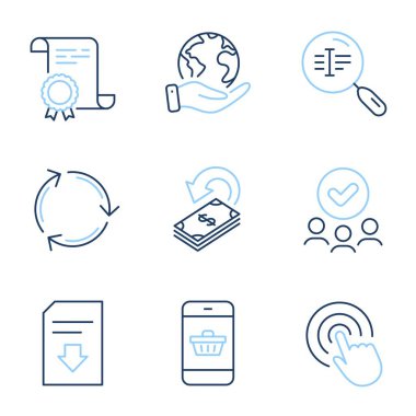 Akıllı telefon satın alma, geri dönüşüm ve arama metin satırı simgeleri ayarlandı. Diploma sertifikası, gezegeni kurtarmak, bir grup insan. Dosya indir, Nakit para kazan ve işaretlere tıkla. Vektör