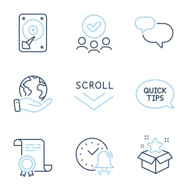 Aşağı kaydır, Hızlı Başlangıç rehberi ve Hdd satır simgeleri ayarlandı. Diploma sertifikası, gezegeni kurtarmak, bir grup insan. Sohbet mesajı, sadakat programı ve alarm işaretleri. Vektör