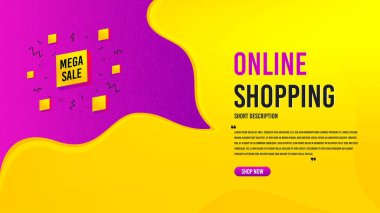 Mega satış rozeti. İndirimli pankart şablonu. İndirimli afiş şekli. Kupon kare simgesi. Özel teklifli yaratıcı konuşma balonu. Online alışveriş konsepti, tırnak içinde ve düğmeli. Vektör