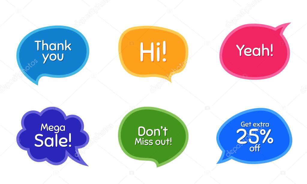 Mega sale, 25% discount and miss out. Colorful chat bubbles. Thank you phrase. Sale shopping text. Chat messages with phrases. Texting thought bubbles. Vector