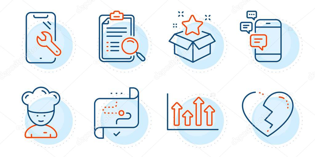 Smartphone repair, Target path and Loyalty program signs. Cooking chef, Communication and Broken heart line icons set. Upper arrows, Search analysis symbols. Sous-chef, Smartphone messages. Vector