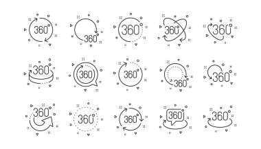 Oku çevir, VR panoramik simülasyon ve artırılmış gerçeklik. 360 derece çizgi simgeleri. 360 derece sanal oyun, soyut geometri, tam dönüşlü görüş simgeleri. Doğrusal küme. Geometrik elementler. Vektör