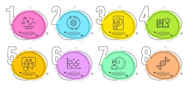 Deniz dağları, Kimya DNA 'sı ve Hdd işaretleri. Zaman çizelgesi bilgileri veriyor. Nokta grafiği, çark ve çalışma saati çizelgesi simgeleri ayarlandı. Ürün bilgisi, rütbeli yıldız sembolleri. Vektör