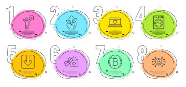 Agent, Bitcoin system and Load document signs. Timeline steps infographic. Web love, Loyalty gift and Bitcoin line icons set. Organic product, Washing machine symbols. Vector clipart