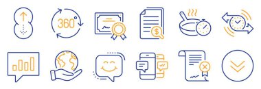Finansal belgeler gibi bir dizi teknoloji ikonu, Zamanlayıcı. Sertifika, gezegeni kurtar. Akıllı telefon mesajları, Reddetme belgesi, aşağı kaydır. Gülme sohbeti, 360 derece, analitik sohbet. Vektör