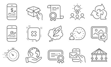 Zaman Yönetimi, Telif Hakları Sohbeti gibi bir dizi Teknoloji simgesi. Diploma, fikirler, gezegeni kurtarmak. Kutuyu tut, Zamanlayıcı, fotoğraf gibi. Kurye postası, mobil finans, atlı karınca. Vektör