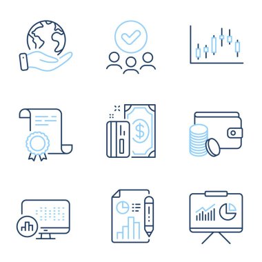 Sunum, Ödeme ve Raporlama istatistik satırı simgeleri ayarlandı. Diploma sertifikası, gezegeni kurtarmak, bir grup insan. Ödeme yöntemi, rapor belgesi ve Candlestick grafik tabelaları. Vektör