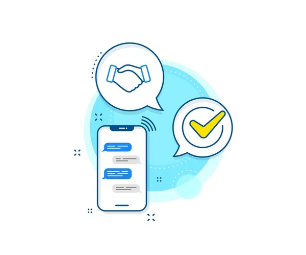手のジェスチャーサイン 電話メッセージ複合アイコン 握手線のアイコン ビジネス取引ヤシのシンボル メッセンジャーチャット画面バナー 握手のサインだ ベクトル — ストックベクタ
