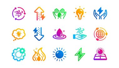 Güneş panelleri, rüzgar enerjisi ve elektrik şimşeği. Enerji simgeleri. Ateş, tehlike, yeşil ekoloji ikonları. Klasik bir set. Gradyan desenler. Kalite işaretleri ayarlandı. Vektör