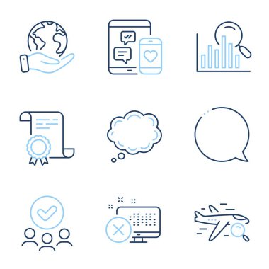 Çizgi roman, sosyal medya ve arama hattı simgeleri ayarlandı. Diploma sertifikası, gezegeni kurtarmak, bir grup insan. Erişim reddedildi, arama uçuşu ve konuşma baloncuğu işaretleri. Vektör