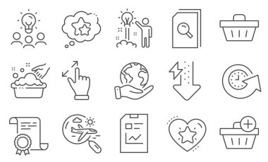 Rapor belgesi, Enerji Düşüşü gibi iş simgeleri. Diploma, fikirler, gezegeni kurtarmak. Yaratıcı fikir, arama uçuşu, satın alma. El yıkama, alışveriş sepeti, arama dosyaları. Vektör