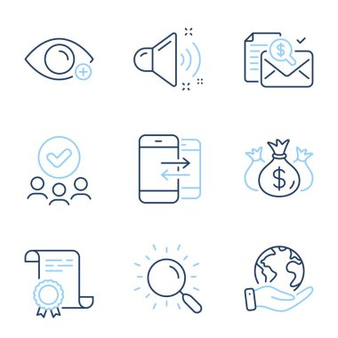 Uzaklık, muhasebe raporu ve arama hattı simgeleri ayarlandı. Diploma sertifikası, gezegeni kurtarmak, bir grup insan. Yatırımı, telefon iletişimini ve ses işaretlerini kontrol et. Vektör