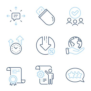 Yıldızlar, Sms ve Ayarlar plan çizgisi simgeleri ayarlandı. Diploma sertifikası, gezegeni kurtarmak, bir grup insan. Usb çubuğu, zaman yönetimi ve kredi yüzde işaretleri. Vektör