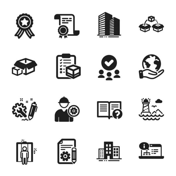 Set Industrial Icons Engineer Online Documentation Certificate Approved Group Planet — Stock Vector