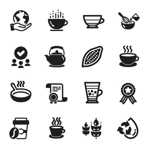 Set of Food and drink icons, such as Cocoa nut, Takeaway coffee. Certificate, approved group, save planet. Tea cup, Americano, Frappe. Teapot, Recycle water, Cooking whisk. Vector