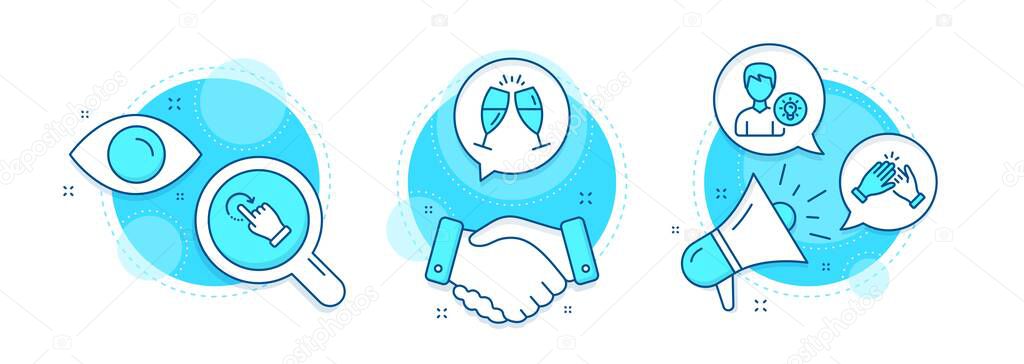 Clapping hands, Person idea and Rotation gesture line icons set. Handshake deal, research and promotion complex icons. Champagne glasses sign. Clap, Lamp energy, Undo. Chin-chin. People set. Vector