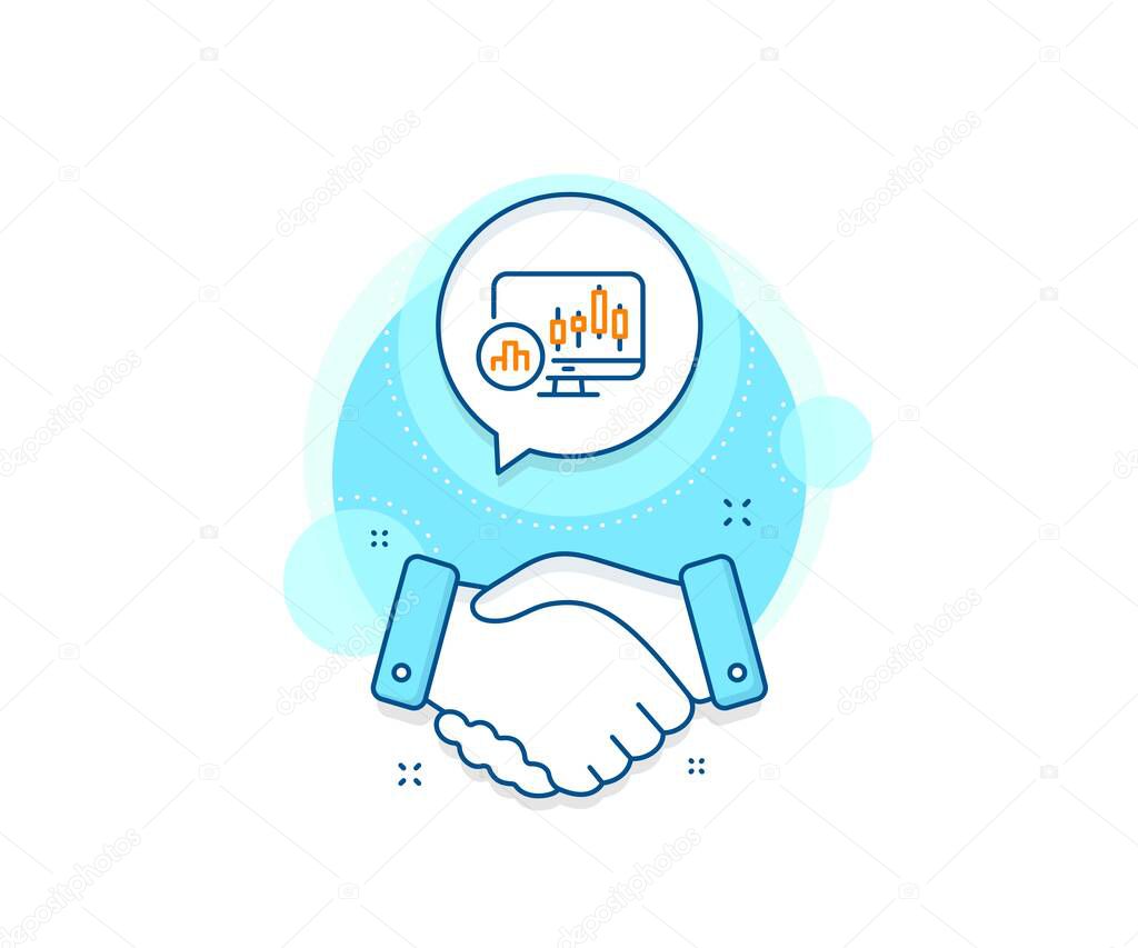 Analytics graph sign. Handshake deal complex icon. Candlestick chart line icon. Market analytics symbol. Agreement shaking hands banner. Candlestick chart sign. Vector