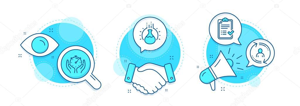 User info, Approved checklist and Chemistry experiment line icons set. Handshake deal, research and promotion complex icons. Timer sign. Update profile, Accepted message, Laboratory flask. Vector