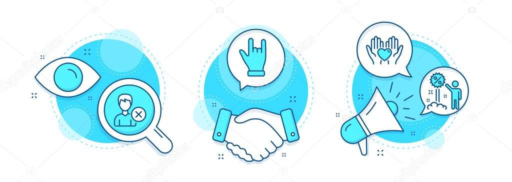 Horns hand, Hold heart and Remove account line icons set. Handshake deal, research and promotion complex icons. Discount sign. Gesture palm, Friendship, Delete user. Sale shopping. People set. Vector