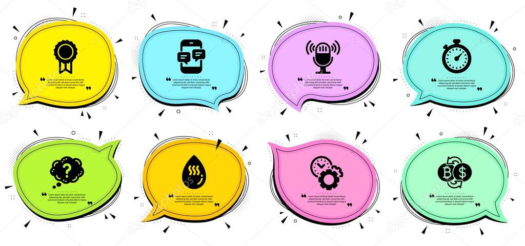 Bitcoin exchange, Timer and Hot water signs. Chat bubbles with quotes. Microphone, Reward and Time management line icons set. Question mark, Phone messages symbols. Mic, Best medal. Vector