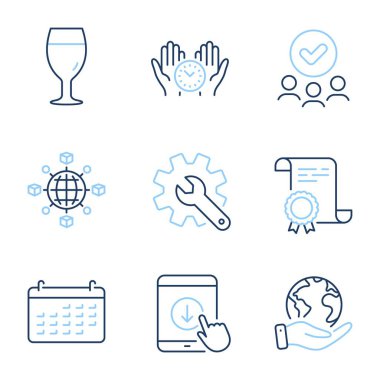 Gümrük, Lojistik Ağı ve Takvim çizgisi simgeleri ayarlandı. Diploma sertifikası, gezegeni kurtarmak, bir grup insan. Aşağı in, bira bardağı ve güvenli saat işaretleri. Vektör