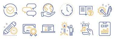 Onaylanmış, Mühendislik gibi bir dizi eğitim ikonu. Sertifika, gezegeni kurtar. Zaman, yaratıcı fikir, web konferansları. Proje bitiş tarihi, Konuşma balonu, Rapor belgesi. Müzik telefonu, yardım hattı simgeleri. Vektör