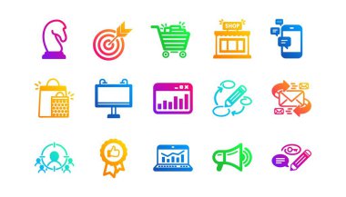 Strateji, geri bildirim ve reklam ajansı. Pazarlama, araştırma ikonları. İş stratejisi klasik simge seti. Gradyan desenler. Kalite işaretleri ayarlandı. Vektör