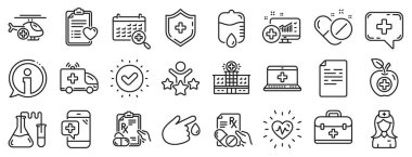 Hastane yardımı, ambulans, sağlıklı beslenme, laboratuvar tüpleri ikonları. Tıbbi RX çizgisi simgeleri. İlk yardım çantası, tıp doktoru, reçeteli Rx tarifi. Geri sayım, ambulans acil durum arabası. Vektör