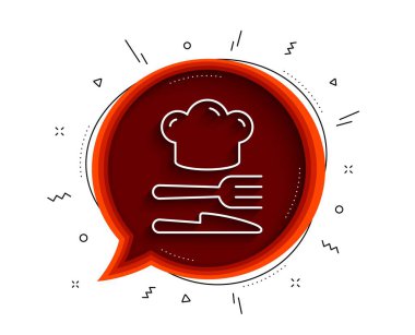 Yemek çizgisi ikonu. Gölgeli sohbet balonu. Aşçıbaşı imzası. Çatal, bıçak sembolü. İnce çizgi yemek ikonu. Vektör