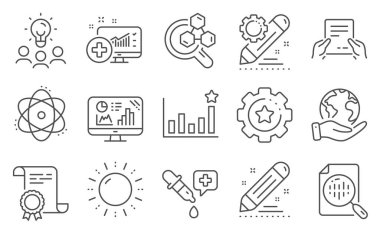 Atom gibi bir dizi Bilim simgesi, dosya alır. Diploma, fikirler, gezegeni kurtarmak. Marka sözleşmesi, kimya laboratuvarı, tıbbi analiz. Analitik çizelge, proje düzenleme, verimlilik. Vektör