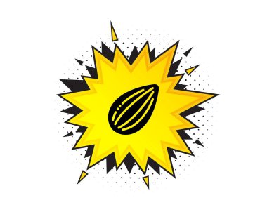 Badem fıstığı ikonu. Konuşma baloncuğu. Lezzetli fındık işareti. Vejetaryen gıda sembolü. Tırnak işaretleri. Klasik badem fındık ikonu. Vektör