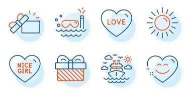 Güzel kız, Hediye ve Açılan hediye tabelaları. Gülücükler, dalgıçlık ve güneş çizgisi simgeleri hazır. Gemi yolculuğu, aşk sembolleri. Kalp yüz, Trip yüzme. Tatil ayarlandı. Taslak simgeleri ayarlandı. Vektör