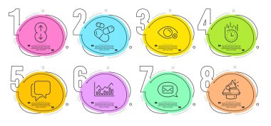 Kapsül hapı, hızlı teslimat ve megafon işaretleri. Zaman çizelgesi bilgileri veriyor. Infochart, Messenger ve Talk baloncuk satırı simgeleri ayarlandı. Aşağı inin, miyopluk sembolleri. Vektör