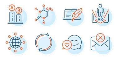 Tam dönüş, güçlendirilmiş gerçeklik ve kimyasal formül işaretleri. Ab testi, Randevu ve Reddetme posta satırı simgeleri ayarlandı. Telif hakkı dizüstü bilgisayarı, uluslararası dünya sembolleri. Test çizelgesi, aşk kuryesi. Vektör