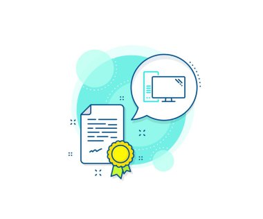 Bilgisayar bileşeni işareti. Sertifika kompleksi simgesi. Bilgisayar çizgisi simgesi. Dava sembollü monitör. Sertifika veya diploma belgesi. Bilgisayar işareti. Vektör