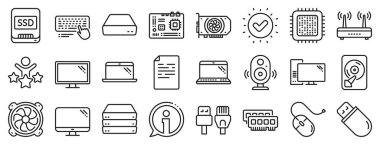 Anakart, işlemci, internet kablo ikonları. Bilgisayar parçaları, dizüstü bilgisayar, SSD hat simgeleri. Wifi router, bilgisayar monitörü, grafik kartı. Klavye, SSD cihazı. İnternet kabloları, dizüstü bilgisayar parçaları. Vektör