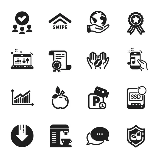 Set Business Icons Coffee Download Arrow Certificate Approved Group Planet — Stock Vector