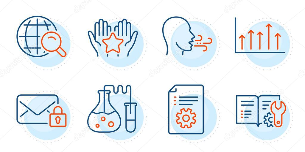 Ranking, Internet search and Technical documentation signs. Growth chart, Breathing exercise and Secure mail line icons set. Chemistry lab, Engineering documentation symbols. Outline icons set. Vector